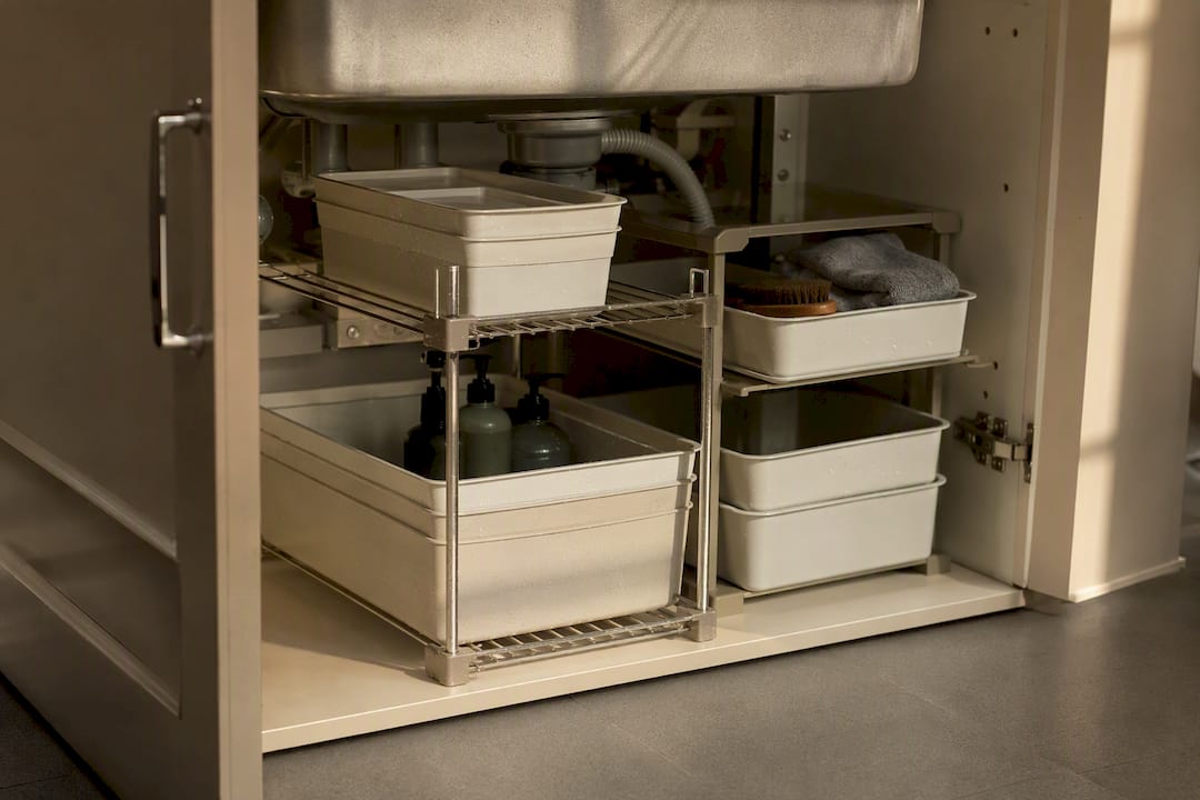 Close-up of moisture resistant under sink storage materials