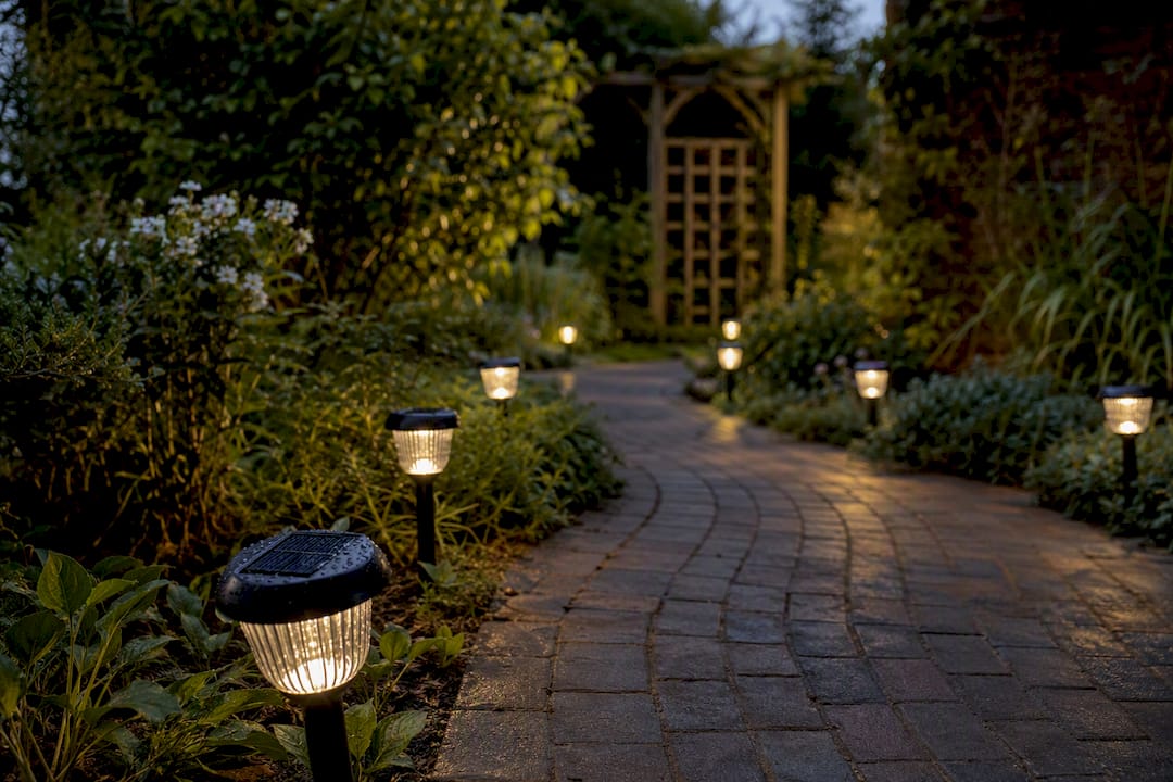 Clustered solar lights along garden path