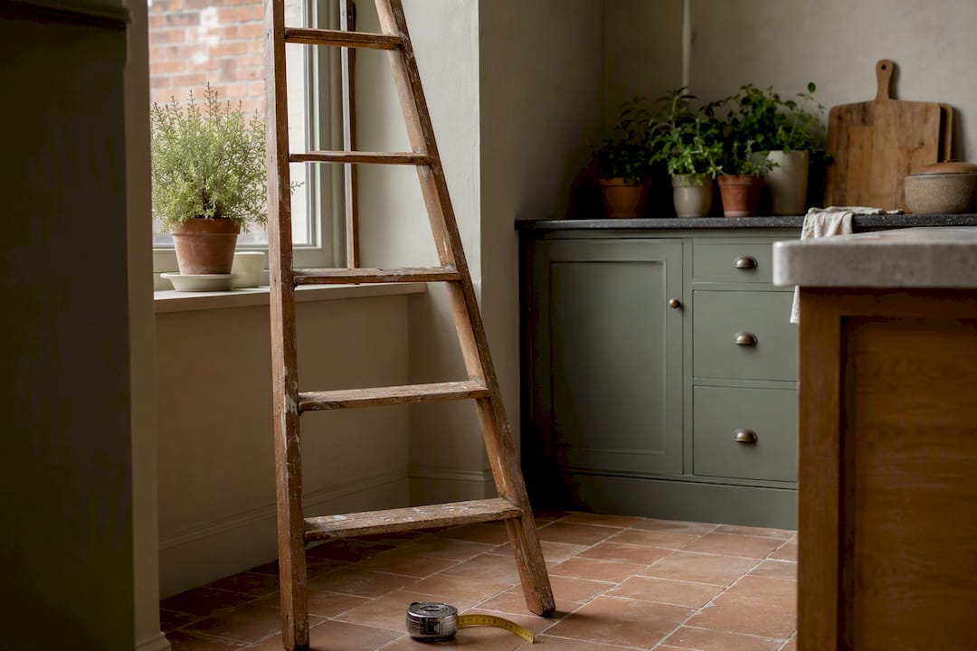 Measuring tools and ladder by window for curtain fitting