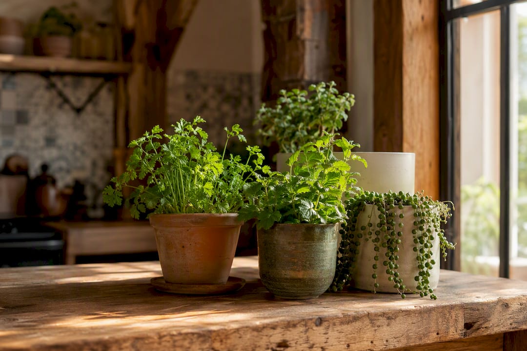 Kitchen herbs and succulents on counter