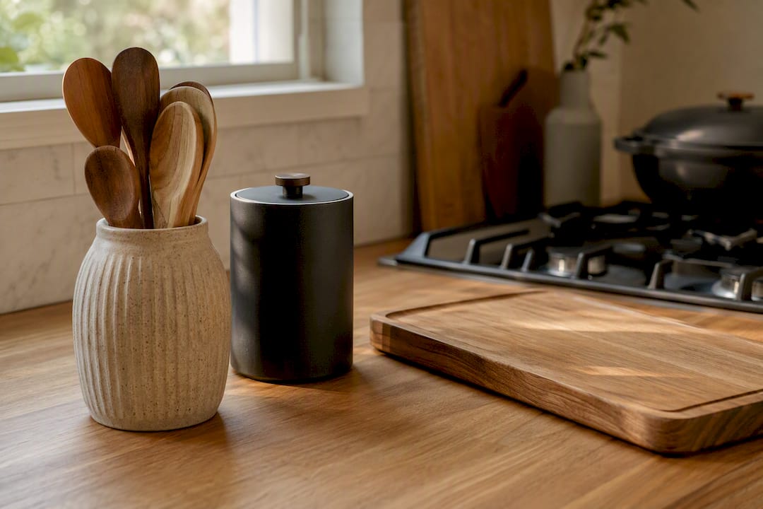 Heat-safe kitchen accessories near hob