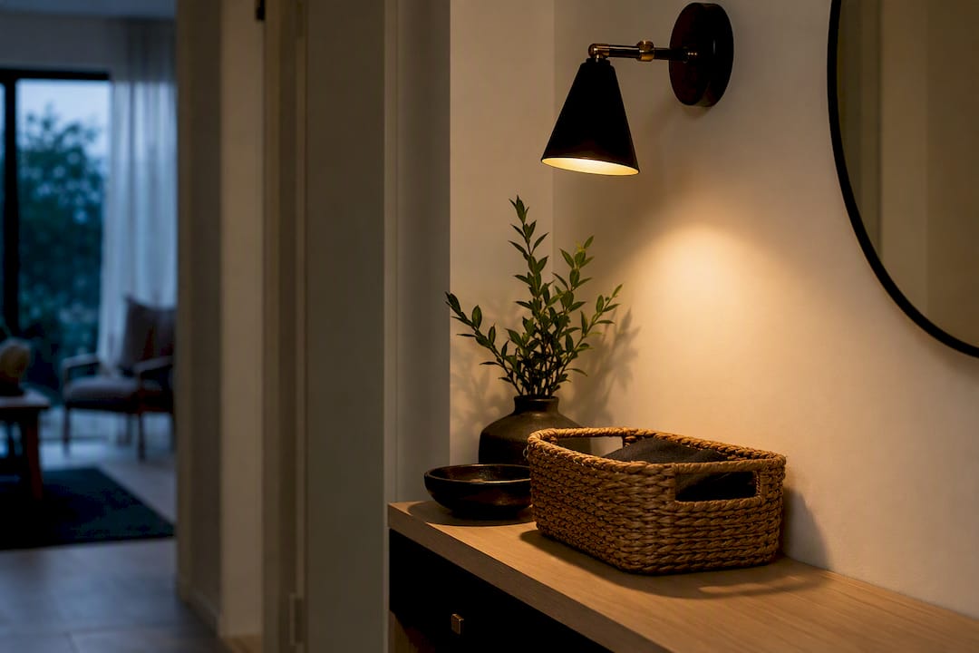 Warm sconce lighting a compact entryway