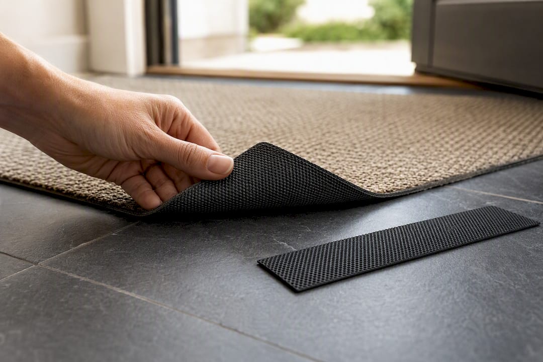 Non-slip mat backing on slate tile