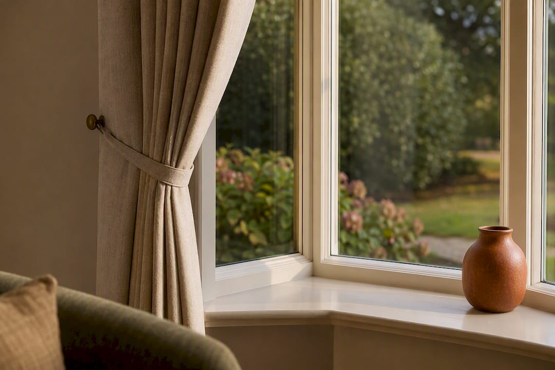 Tieback beside an angled bay window
