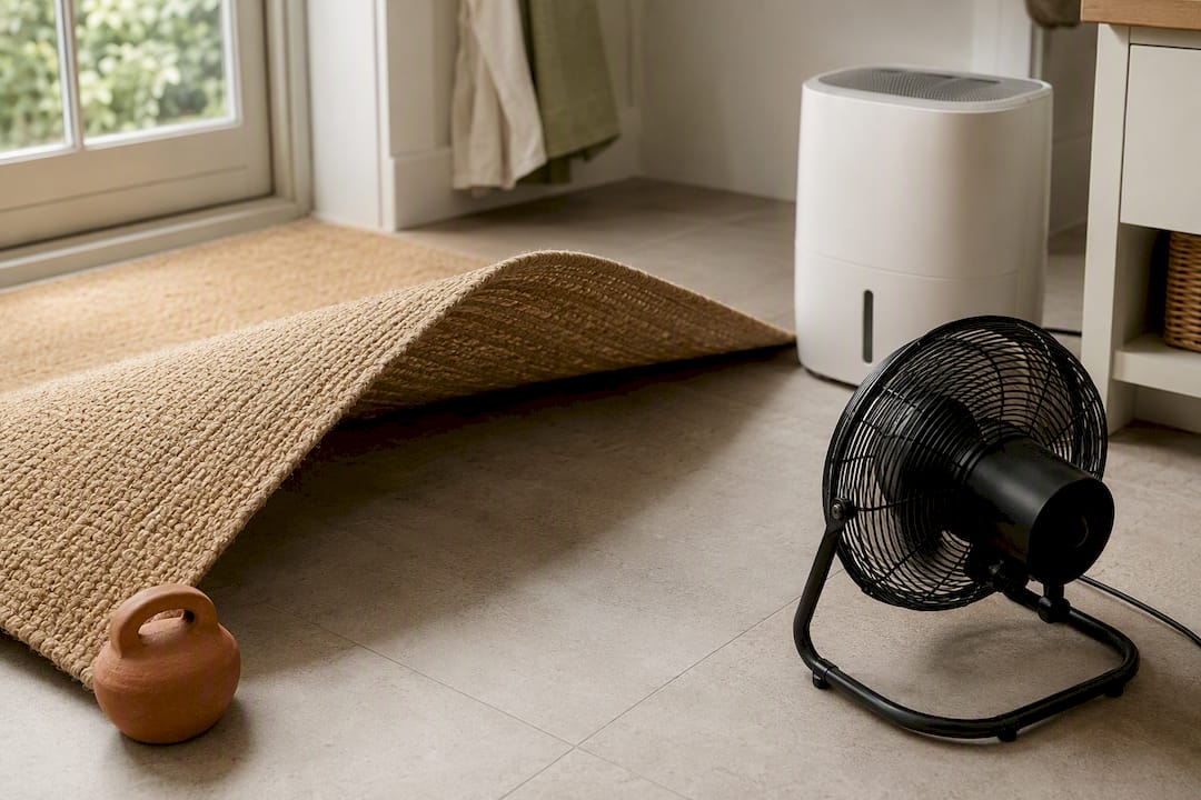 Fan drying underside of damp jute rug