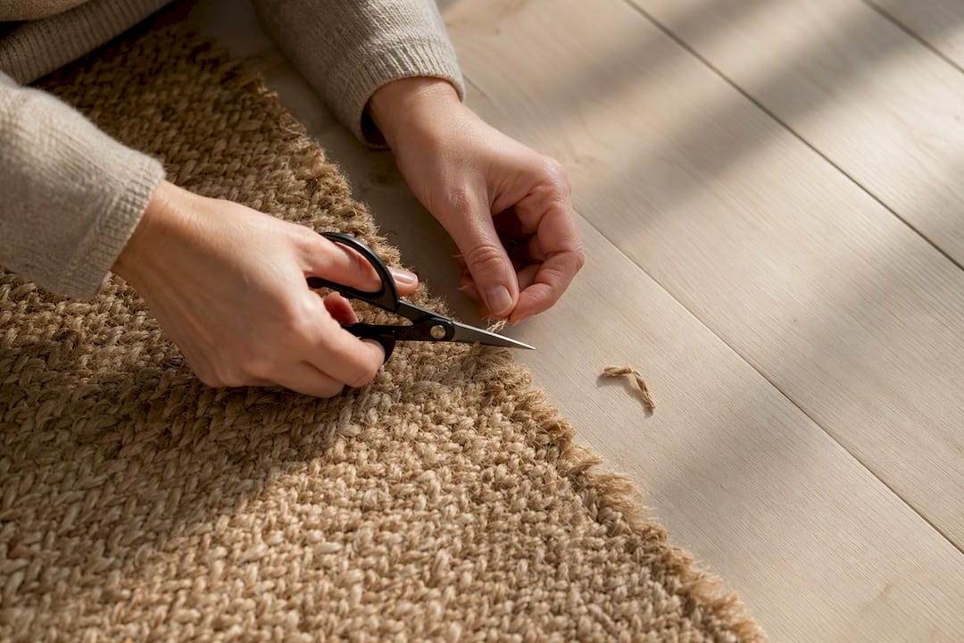 Hands trimming loose jute rug strand