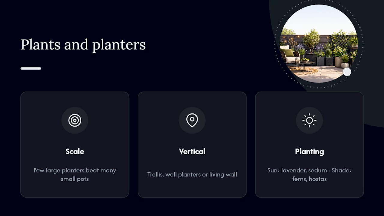 Plants and planters: greenery as structure and privacy — overview diagram