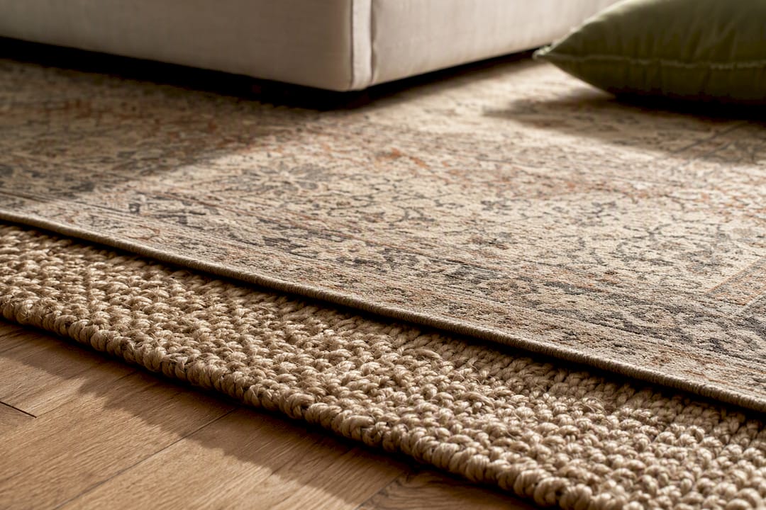 Layered rug textures on living room floor