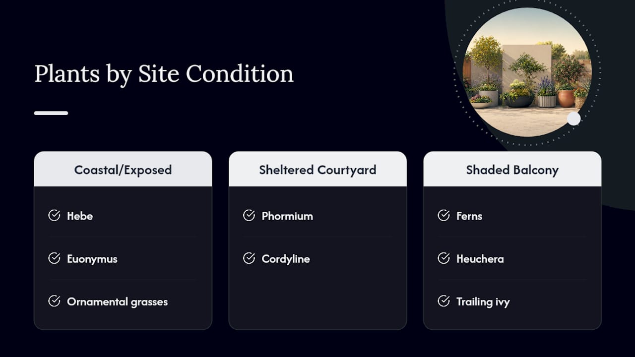 Plant choices matched to outdoor site conditions
