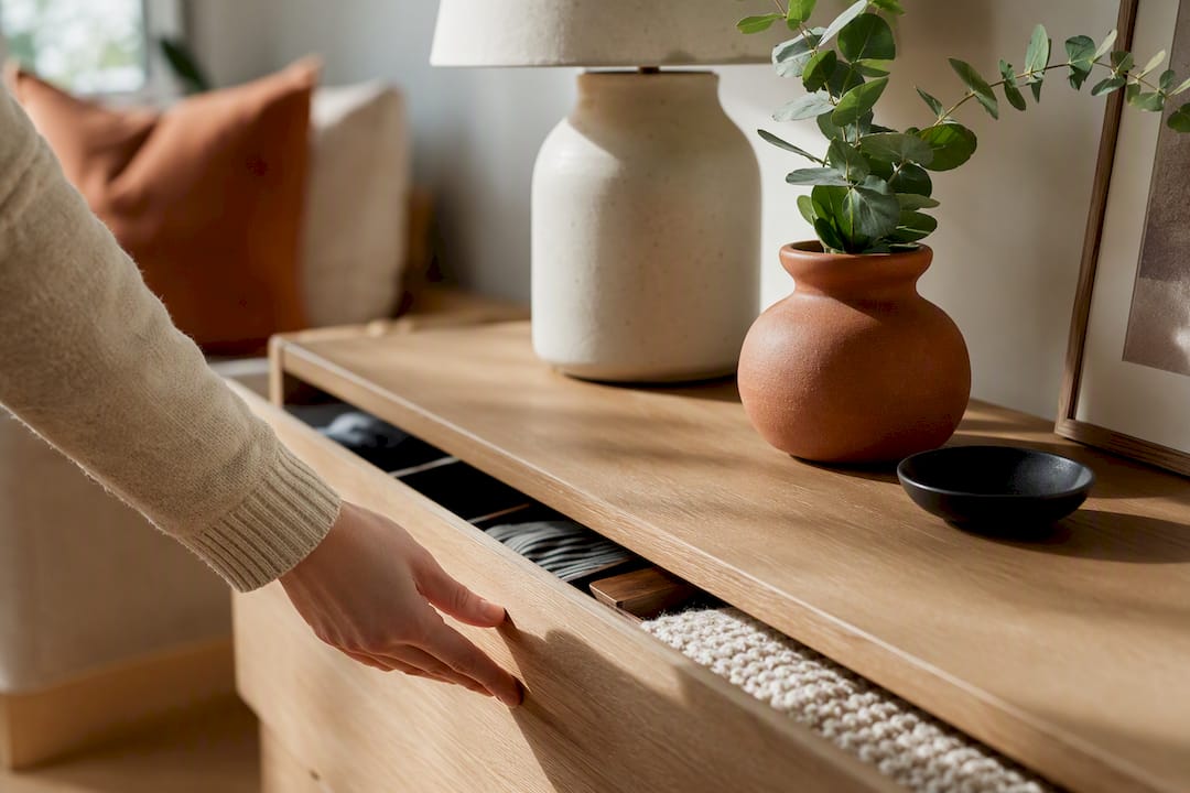 Hand closing drawer beside curated living room objects