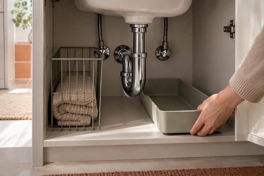 Under-sink organiser fitted around bathroom pipes