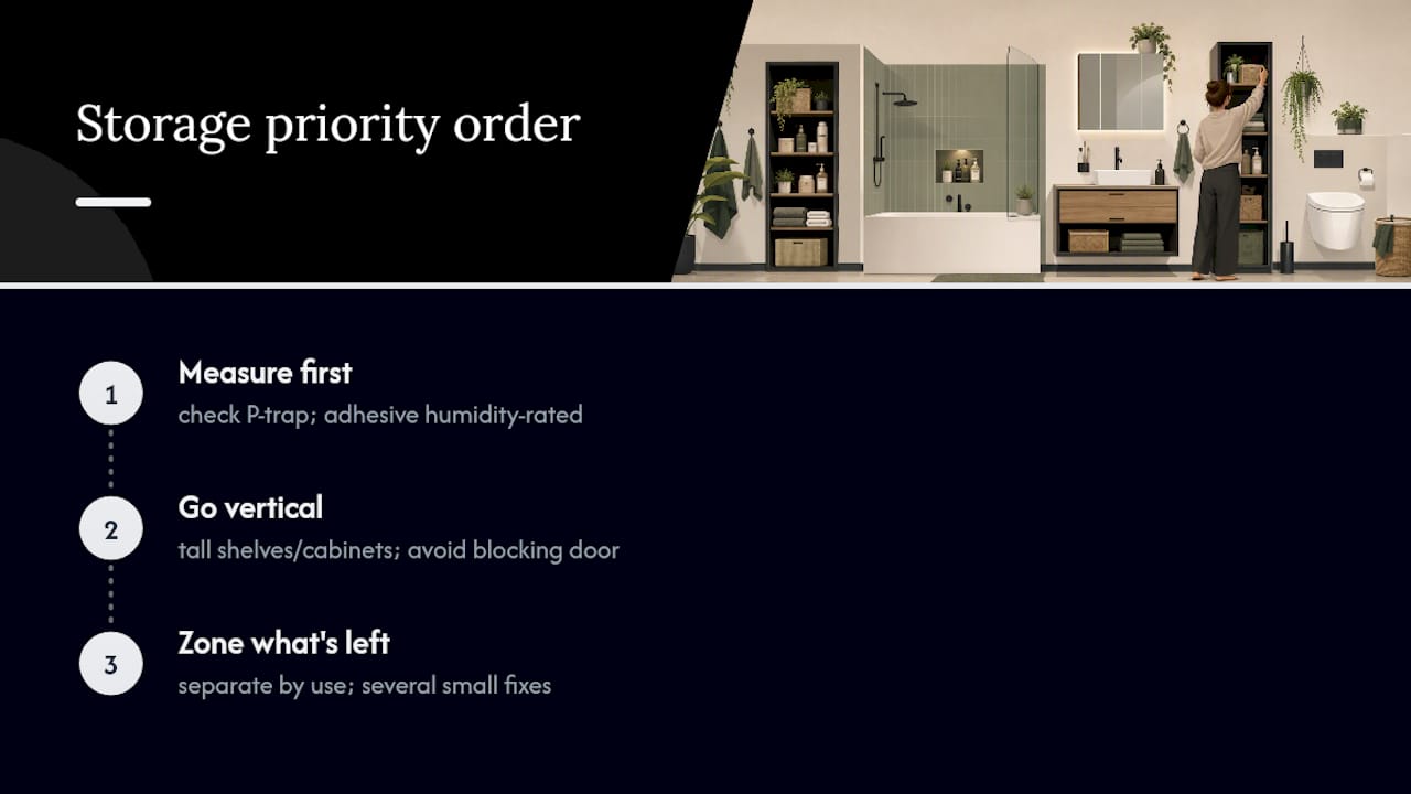 Three-step bathroom storage priority order