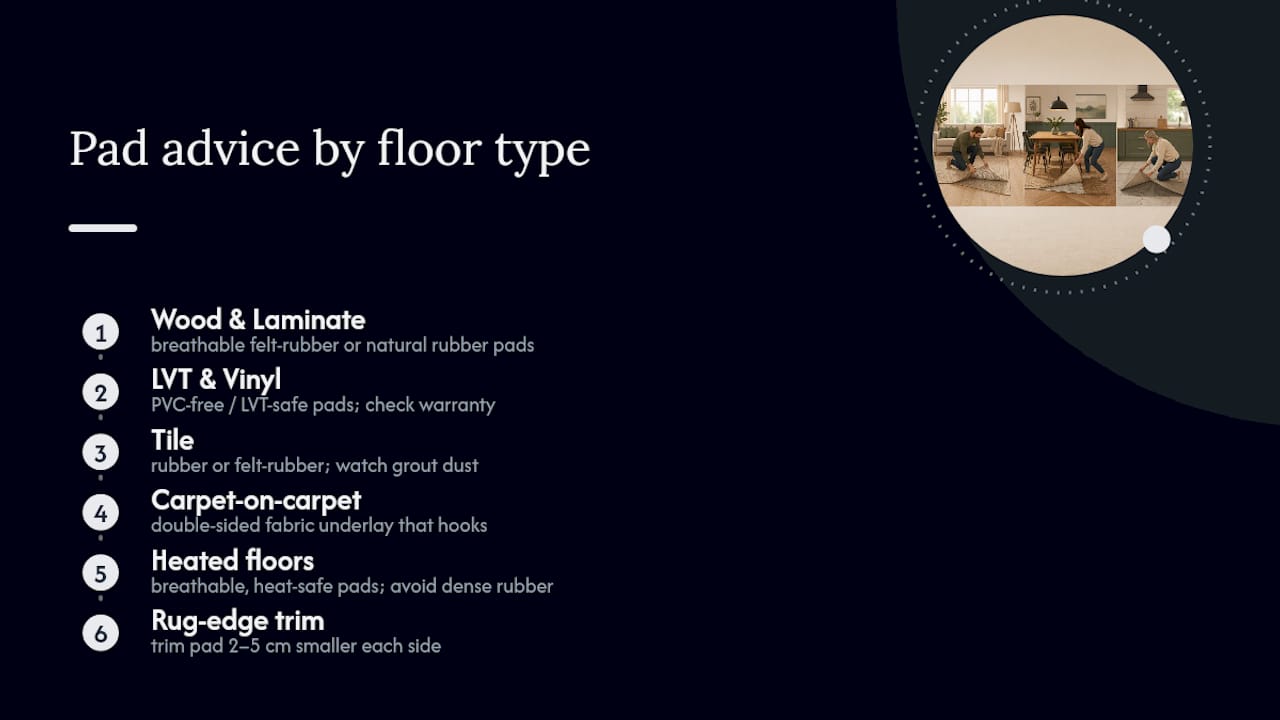 Rug pad guidance by floor type
