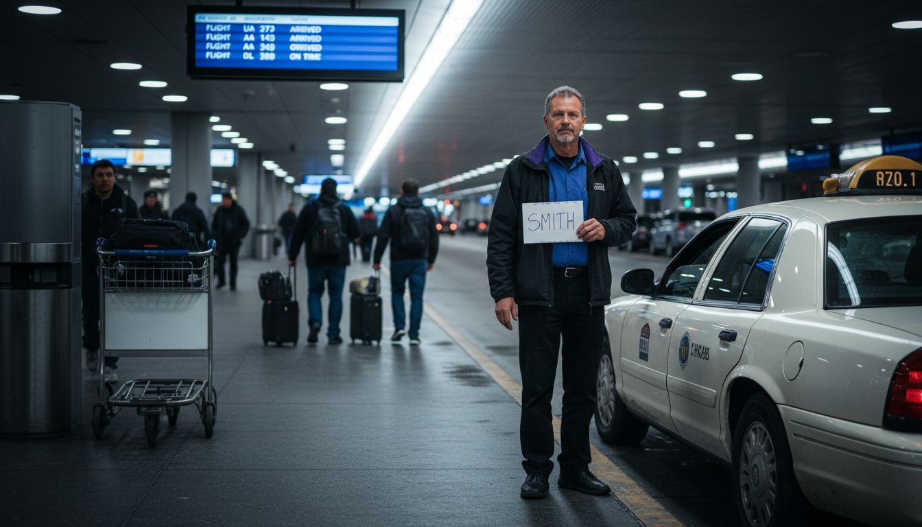 Cab driver holding sign at O'Hare arrivals