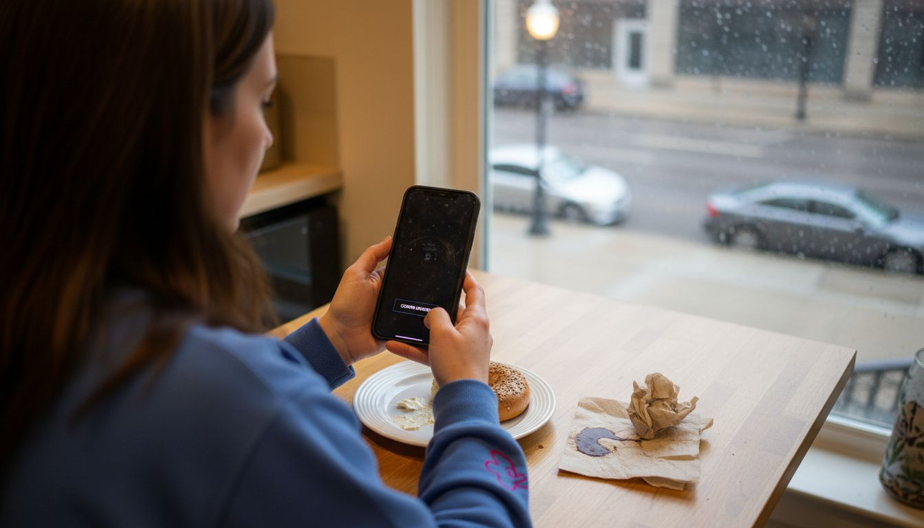 Woman confirms taxi booking on phone at kitchen table