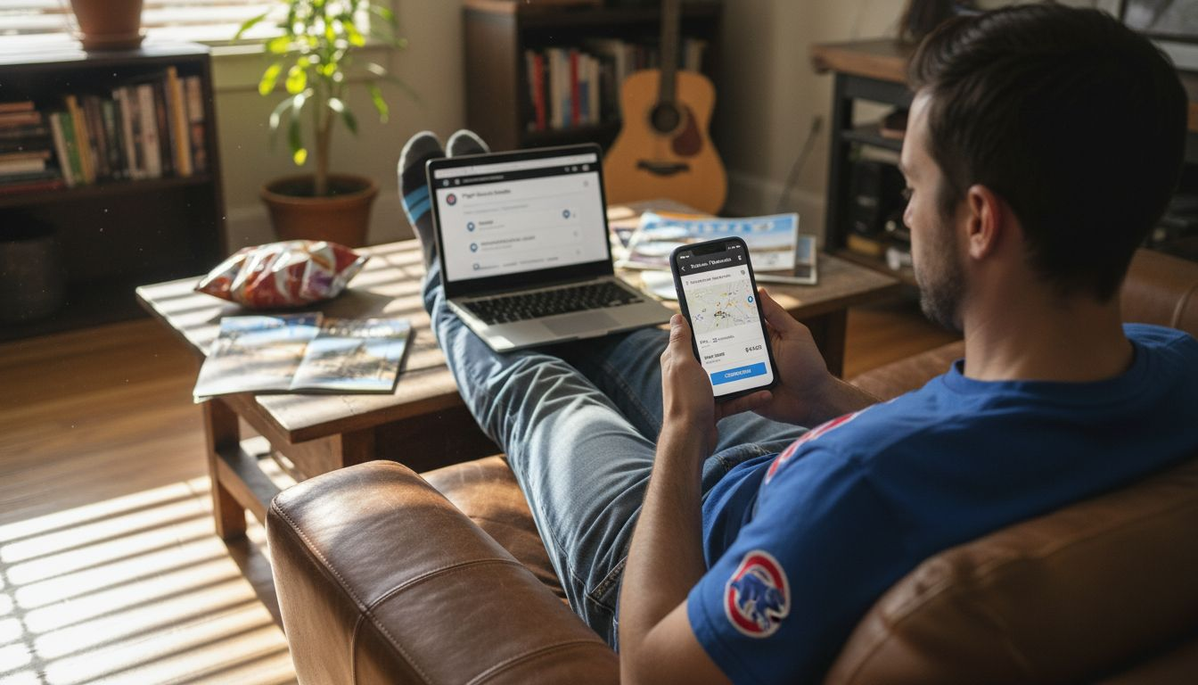 Man using taxi app at home before airport trip