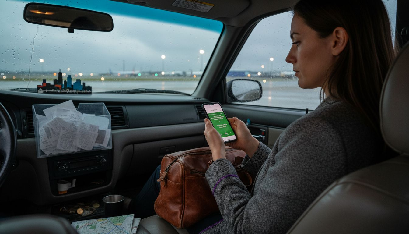 Passenger checks flight status in taxi at airport