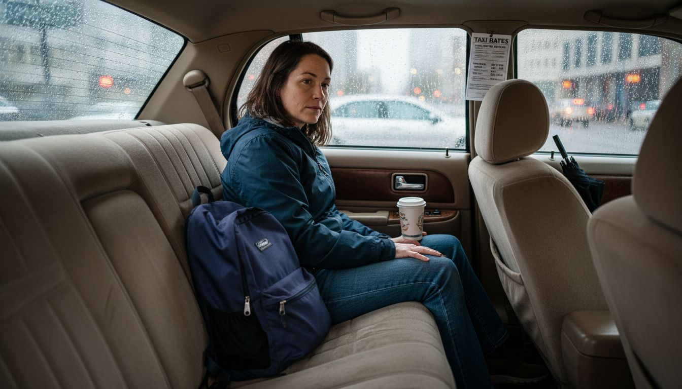 Passenger seated in taxi, viewing amenities
