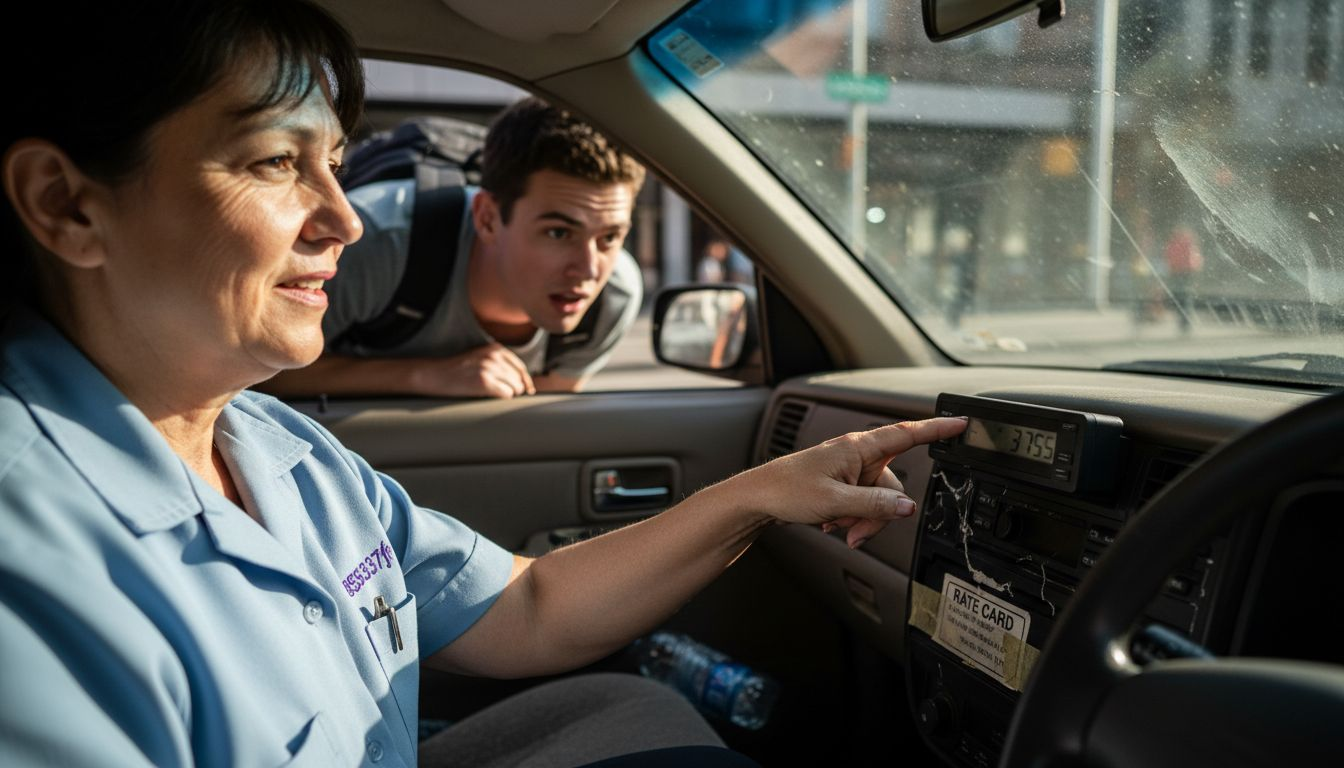 Taxi driver explains fare meter to passenger