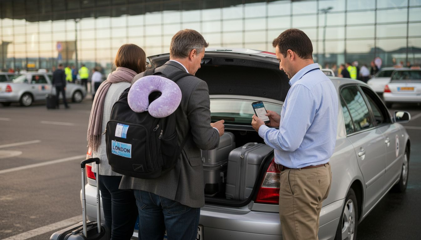 Travelers loading luggage into airport taxi