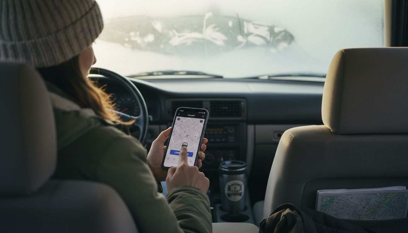 Taxi rider using mobile booking app inside car