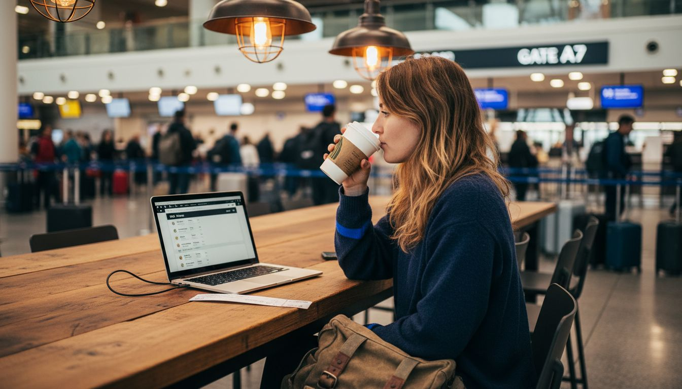 Woman books airport taxi at café table