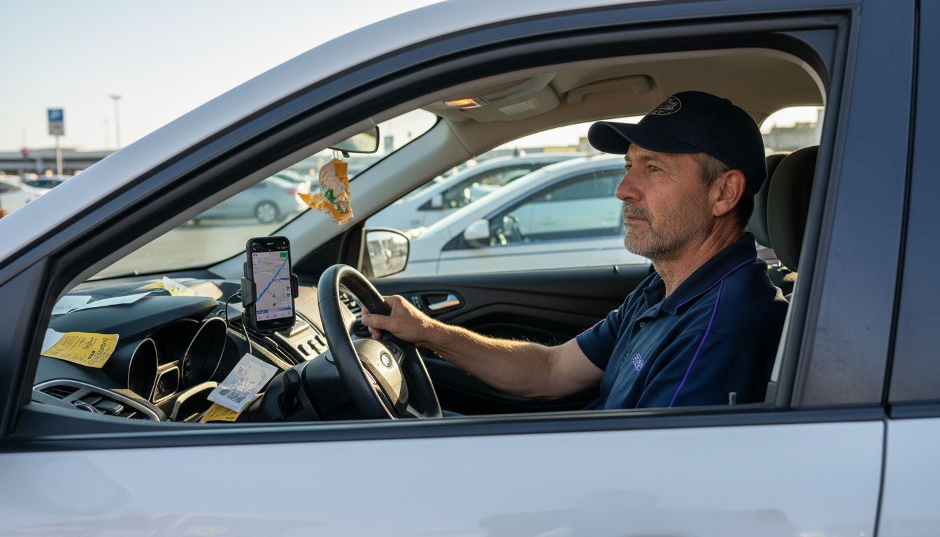 Cab driver with phone route map at airport stand