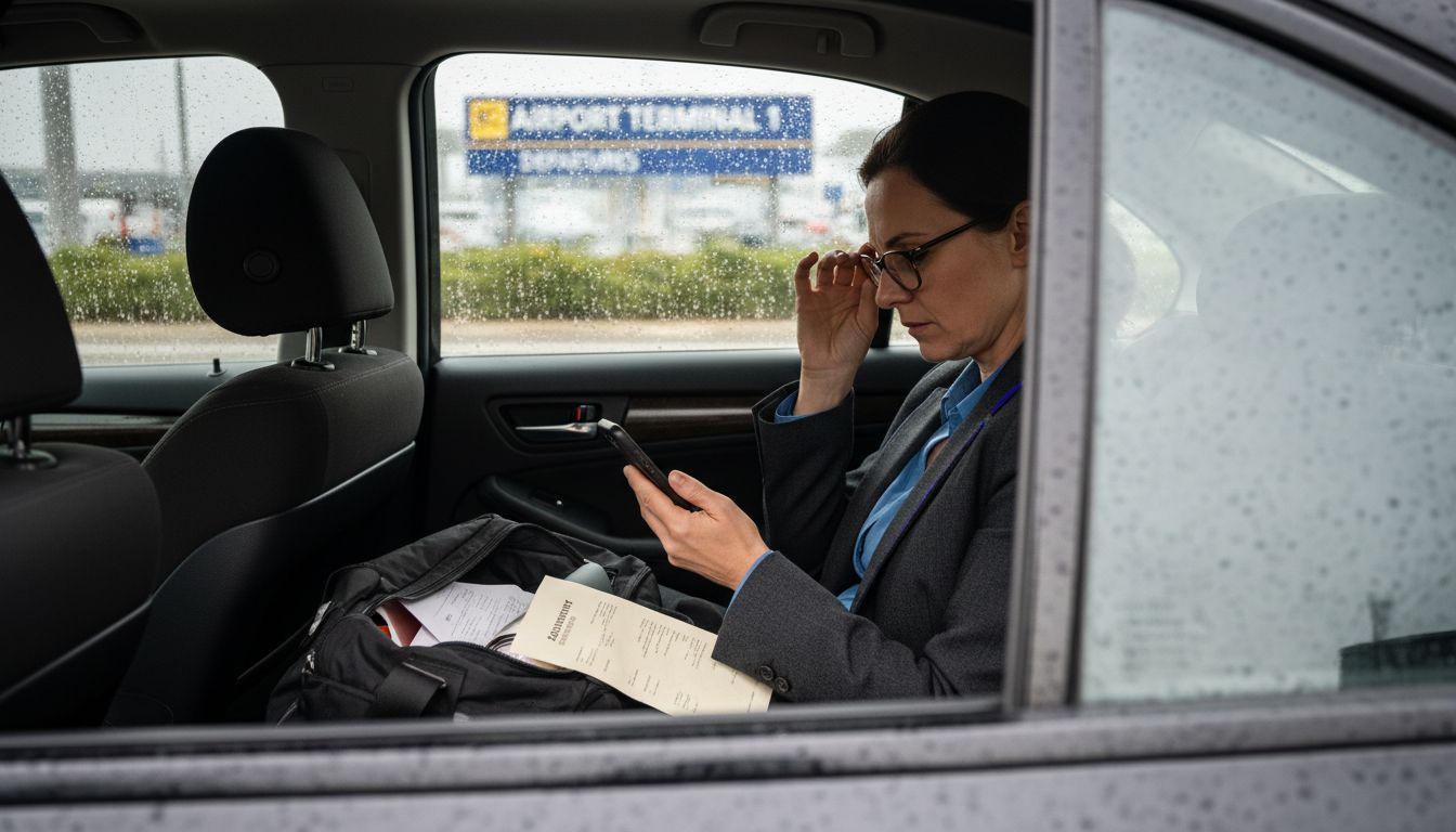 Business traveler reviewing flat-rate taxi fare