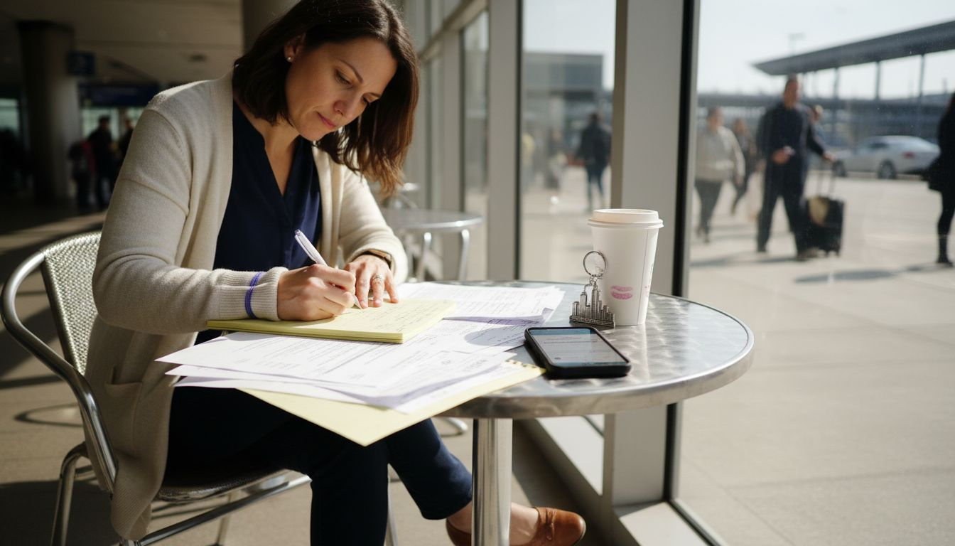 Traveler confirming airport transfer at café