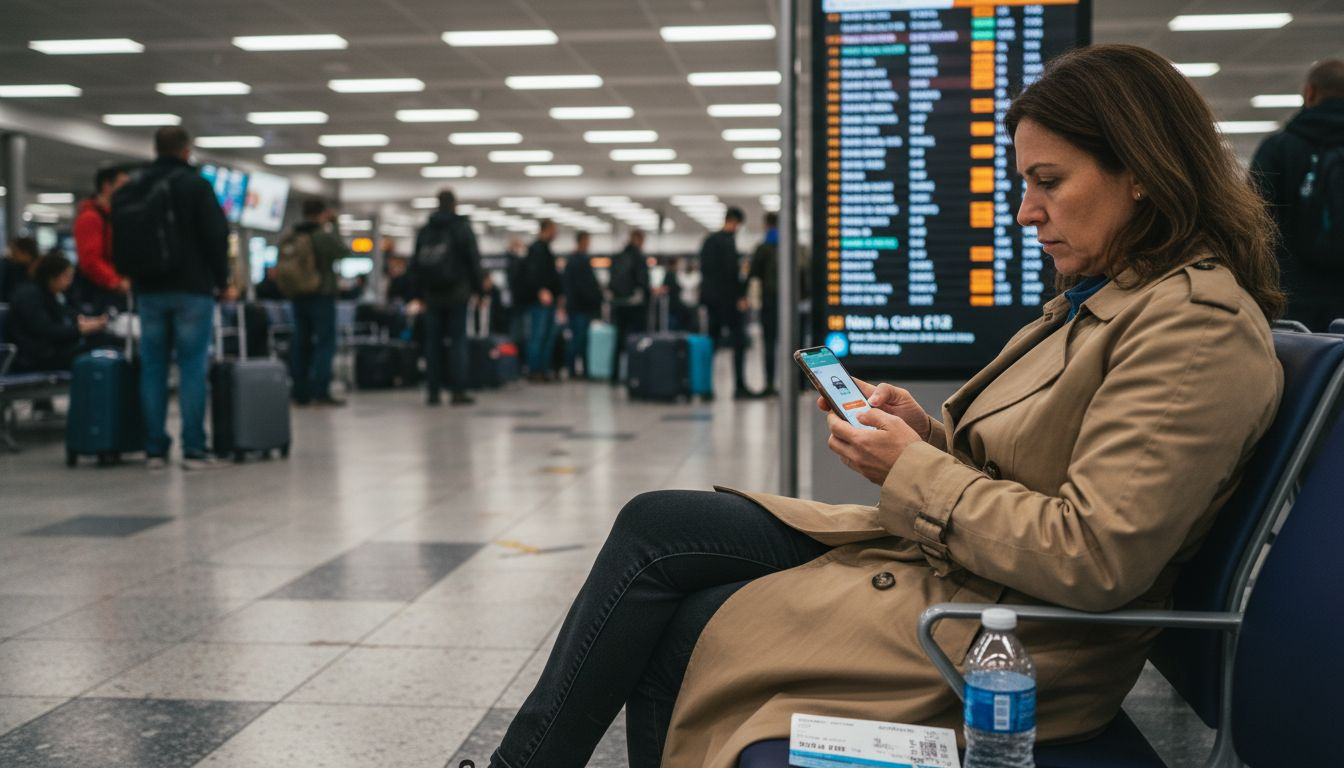 Woman booking airport taxi on phone