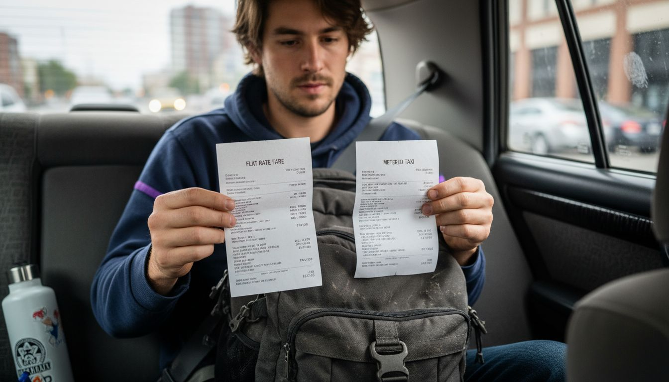 Passenger compares flat rate and metered taxi receipts