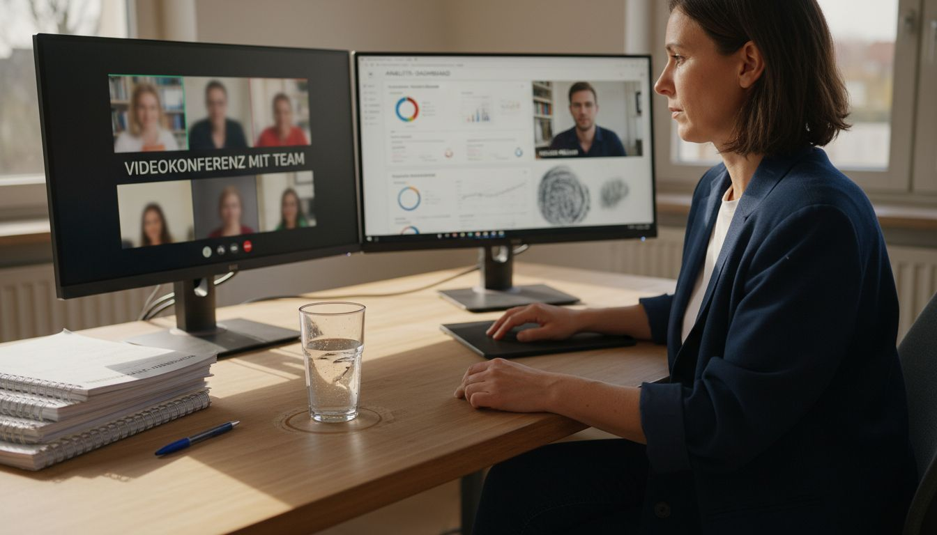 Eine Mitarbeiterin betreut Kunden online im Callcenter und erledigt ihre Aufgaben digital.