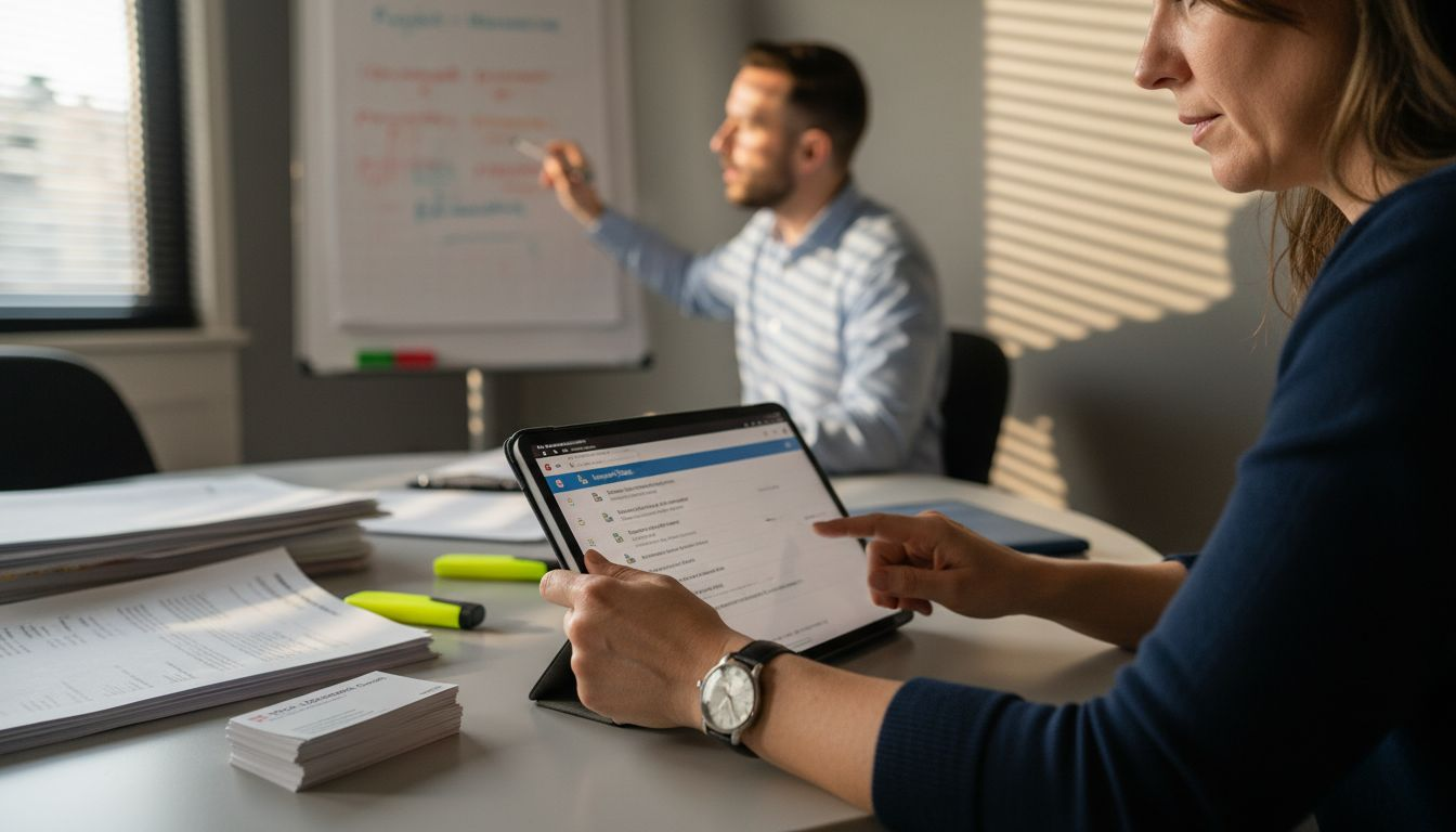 Ein B2B-Manager arbeitet mit einer Support-Software auf seinem Tablet.
