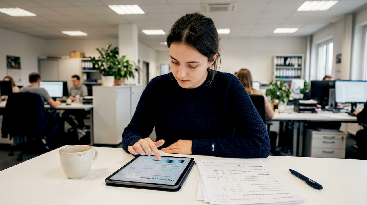 Eine Mitarbeiterin wertet Kundenumfragen direkt auf dem Tablet aus.
