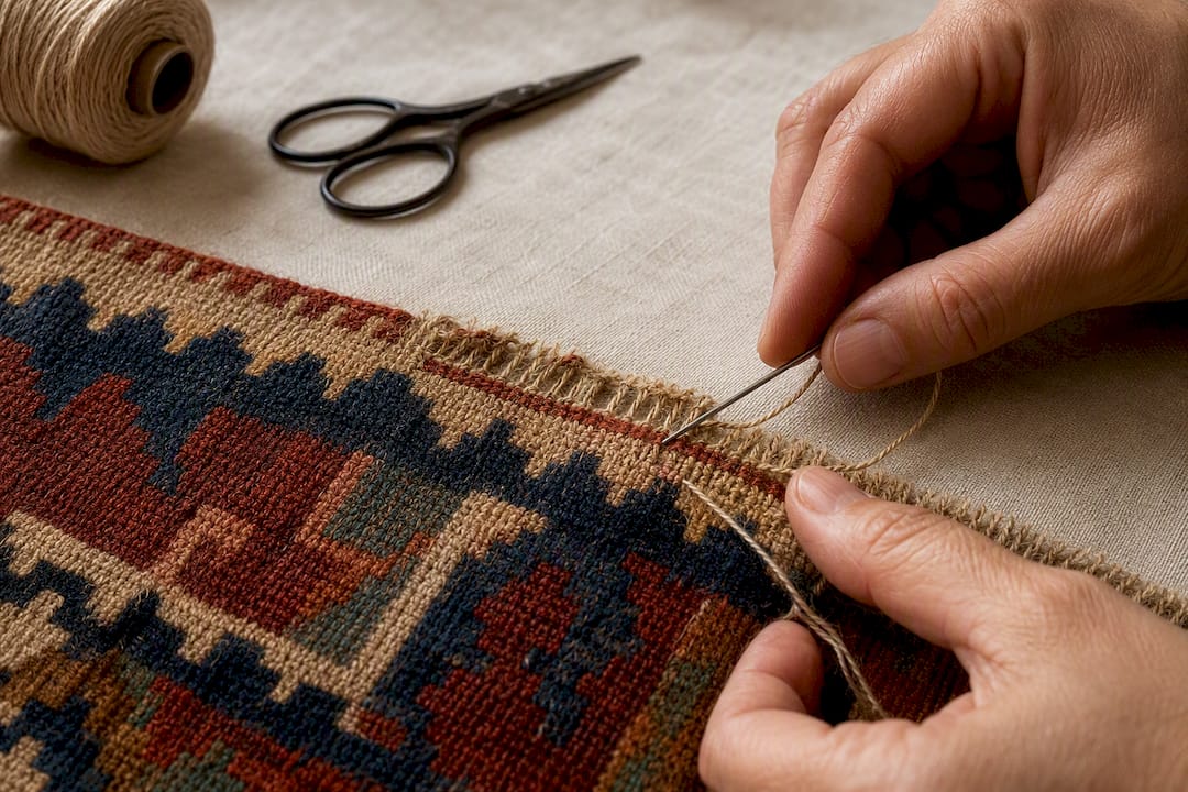 Restaurator reparând marginea unui kilim