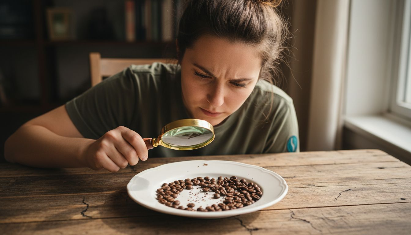 Woman inspecting coffee beans on plate