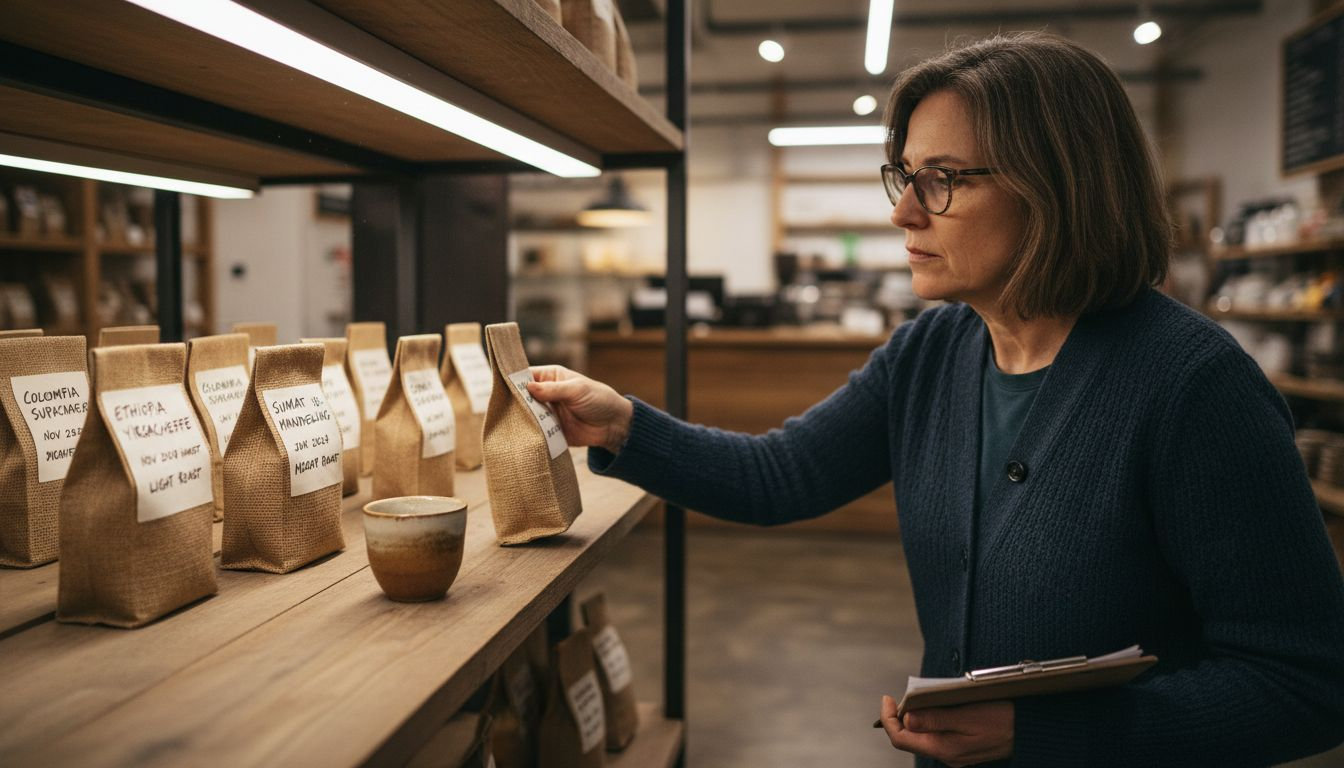 Customer examining labeled premium coffee bags