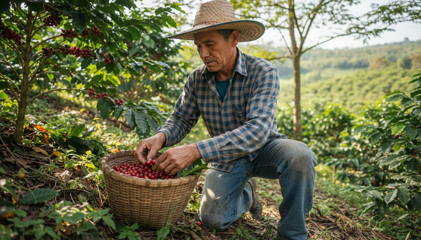 Coffee farmer selectively harvesting ripe cherries
