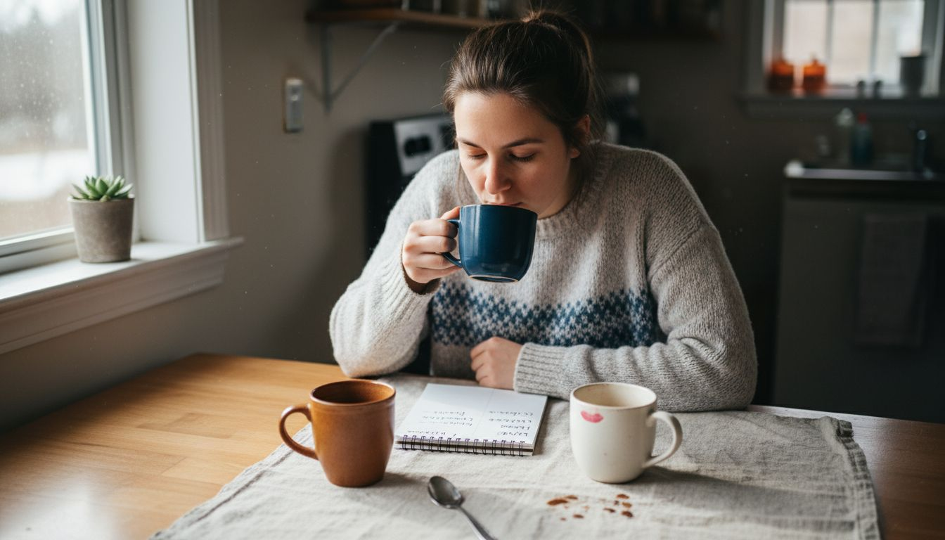 Woman tasting coffee varieties at kitchen table