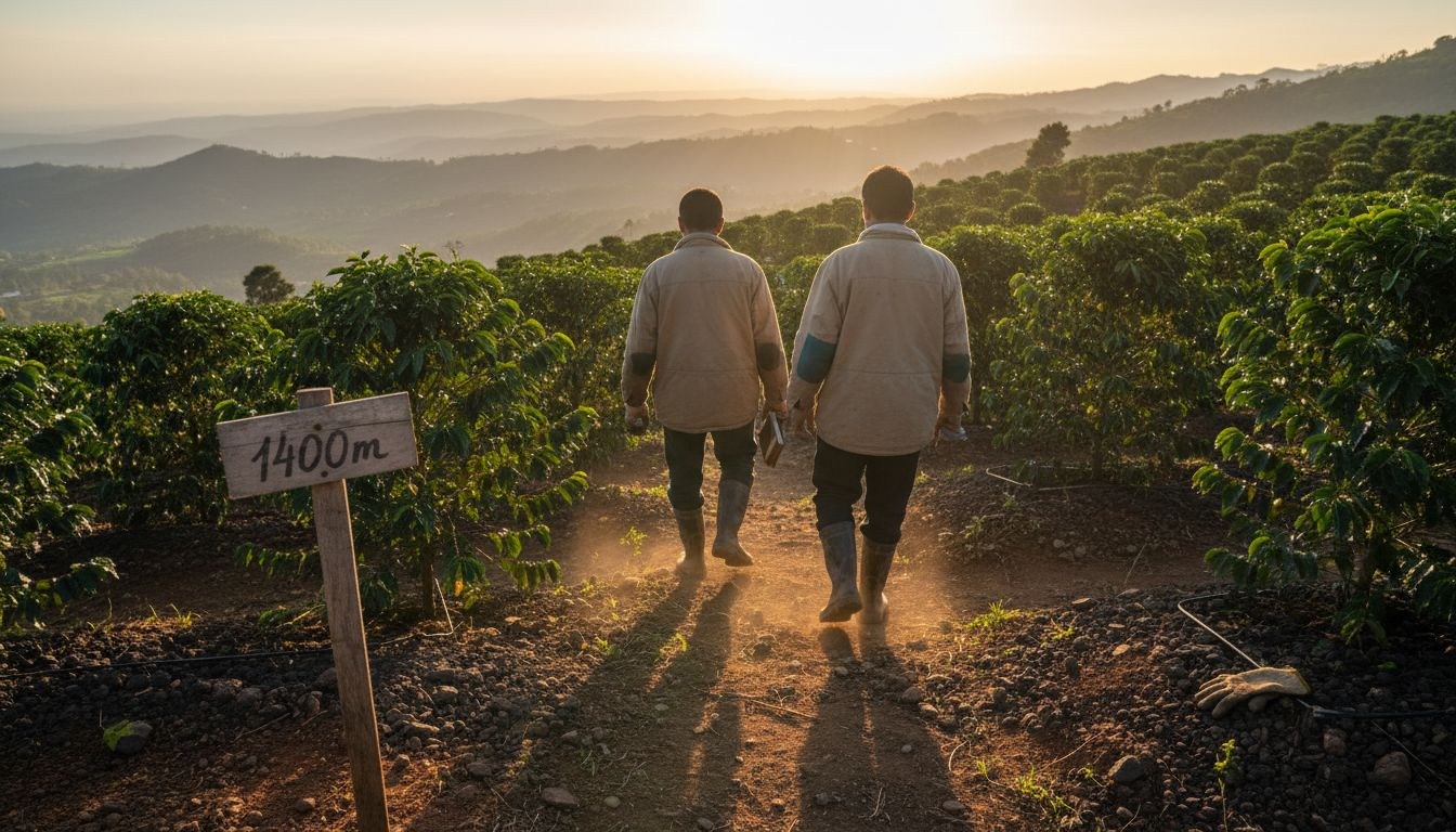 Workers on high-altitude Arabica coffee hillside