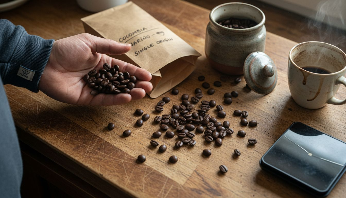 Arabica beans close-up on rustic surface