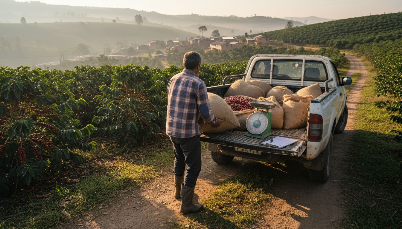 Farmers loading sacks of fresh coffee cherries