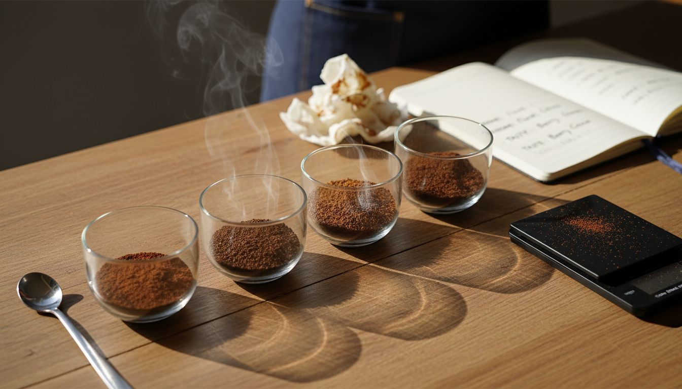 Close-up of coffee cupping table setup
