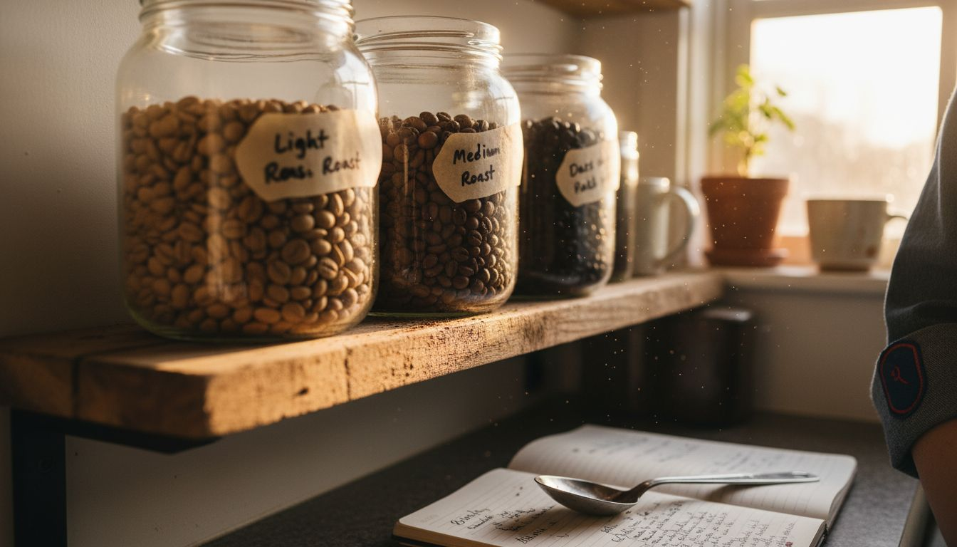 Jars of fresh coffee beans on shelf