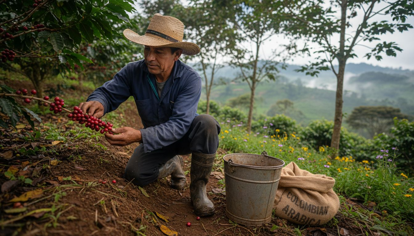 Coffee farmer inspecting cherries on hillside farm