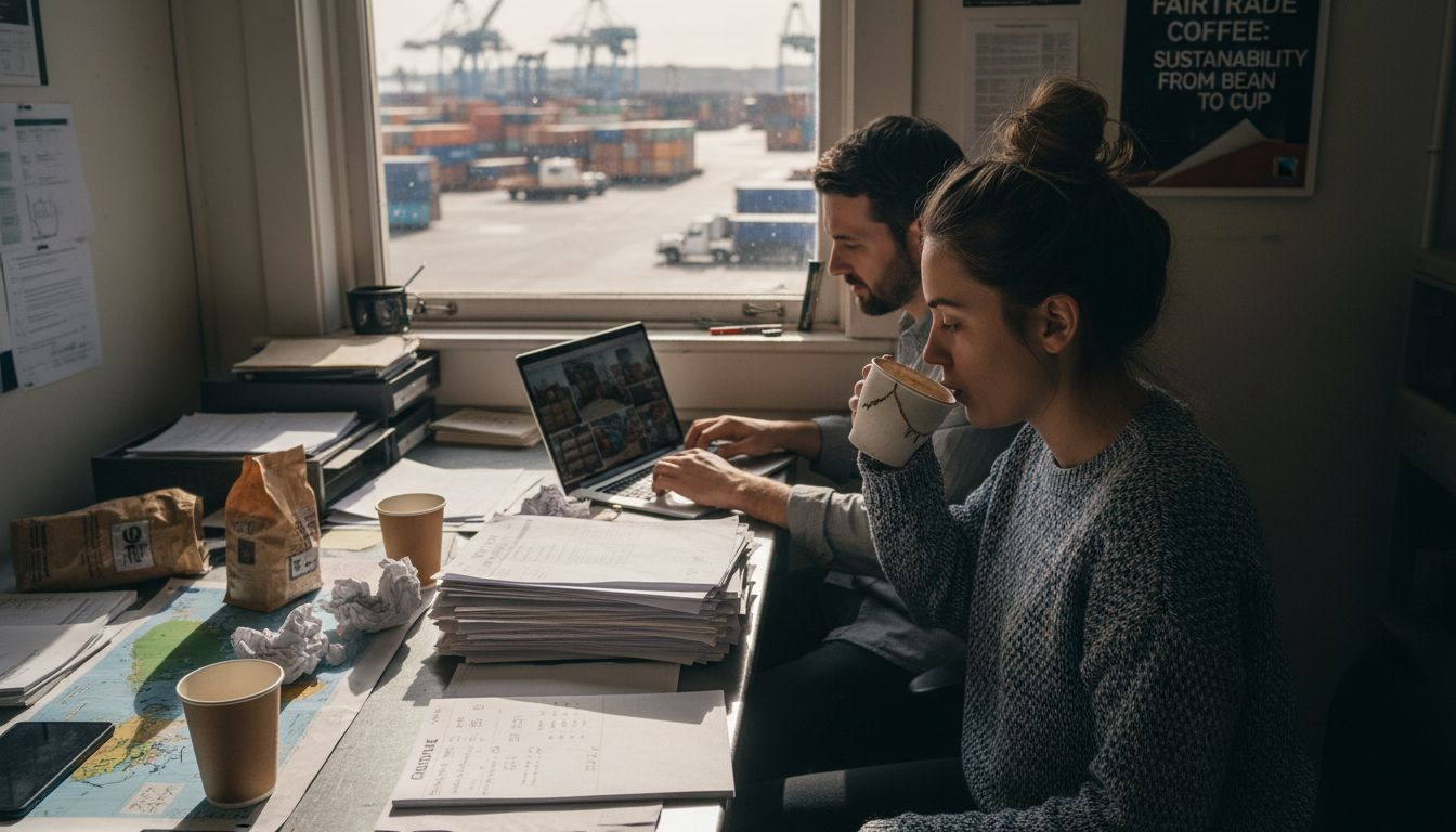 Coworkers checking coffee import paperwork
