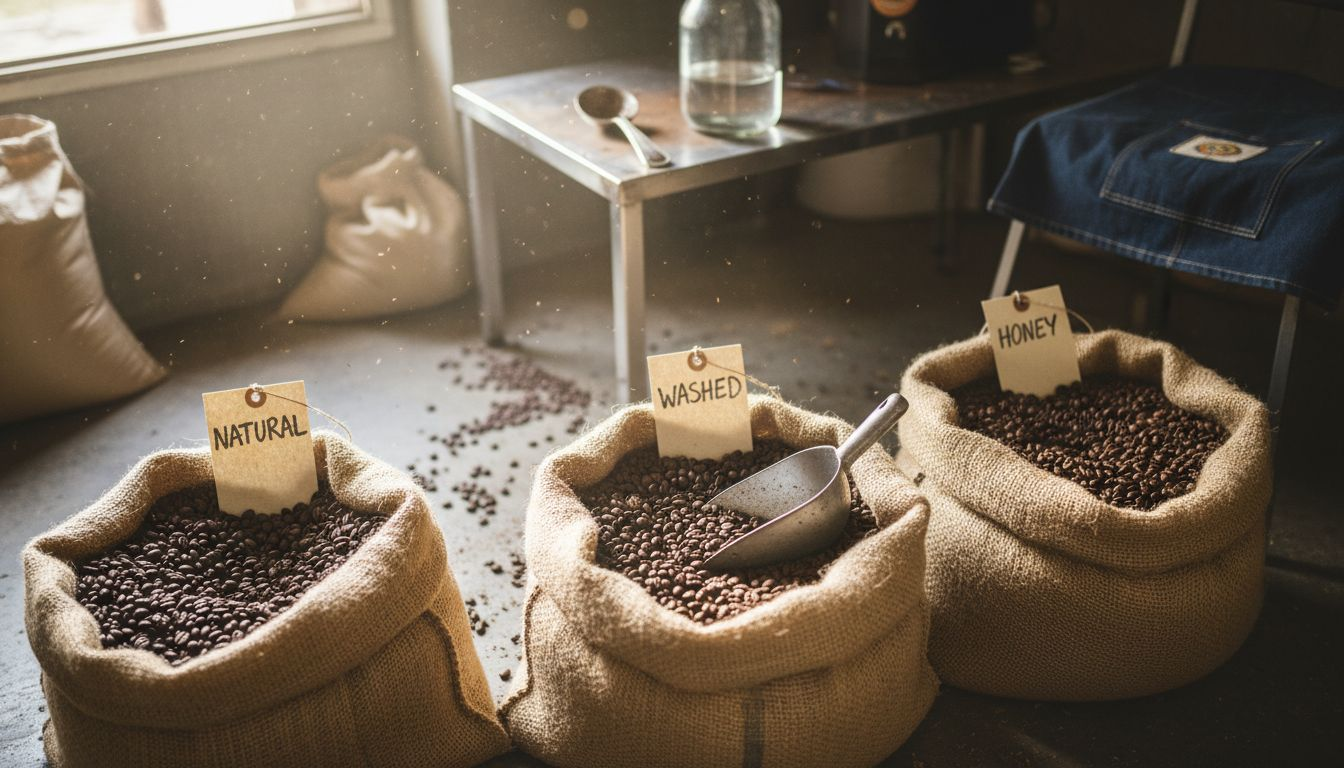 Coffee bean sacks labeled by processing method