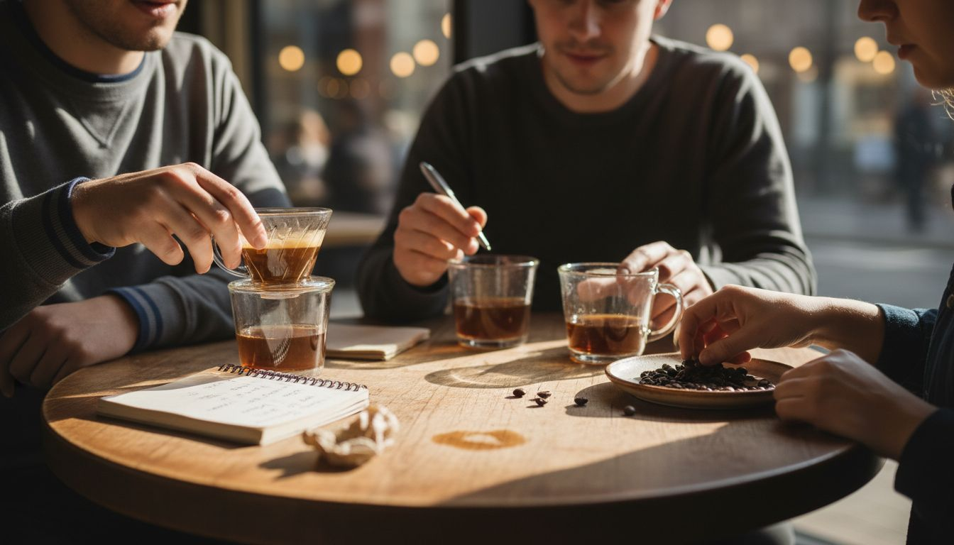 Friends comparing coffee flavor profiles