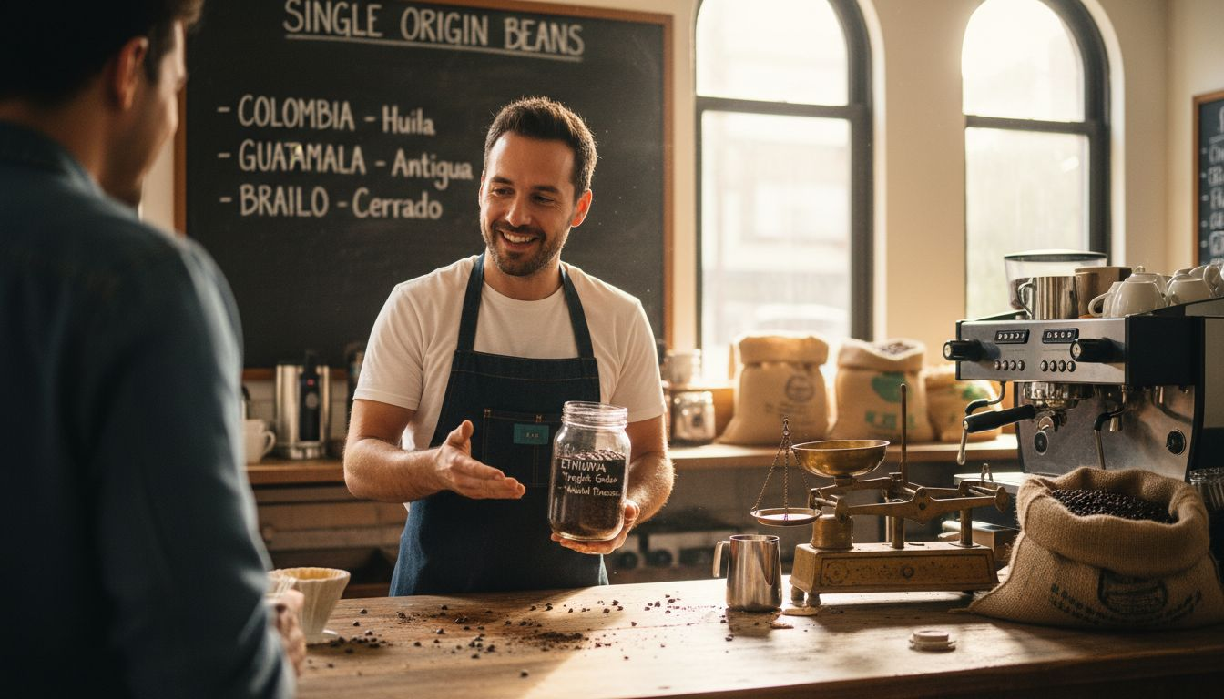 Barista sharing bean origin at coffee shop