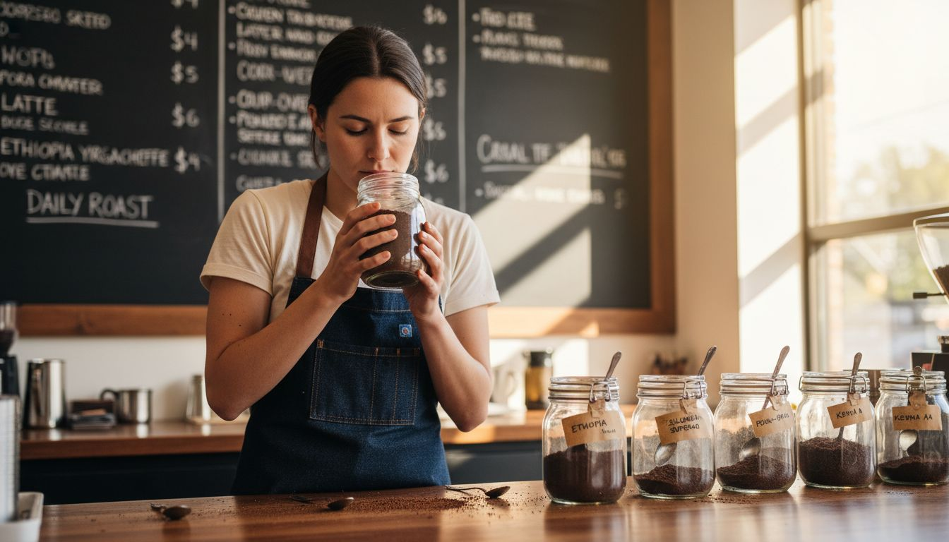 Barista smelling fresh ground coffee aromas